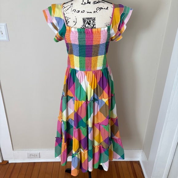 Crown Ivy Rainbow Plaid Smocked Tiered Ruffle Midi Dress L Boho Vacation Resort - Picture 15 of 16